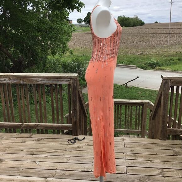 Nordstrom MLV Orange Sequin Metallic Shimmer Maxi Dress Spaghetti Strap - Picture 2 of 10